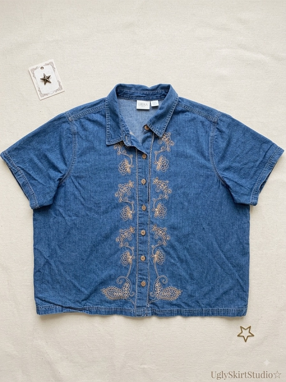 Vintage Erika Woman 3X Embroidered Denim Button Down Shirt Beaded Y2K Boho⁠